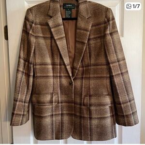 LAUREN Ralph Lauren Brown Plaid Wool-Blend Single-Button Blazer, Size 12